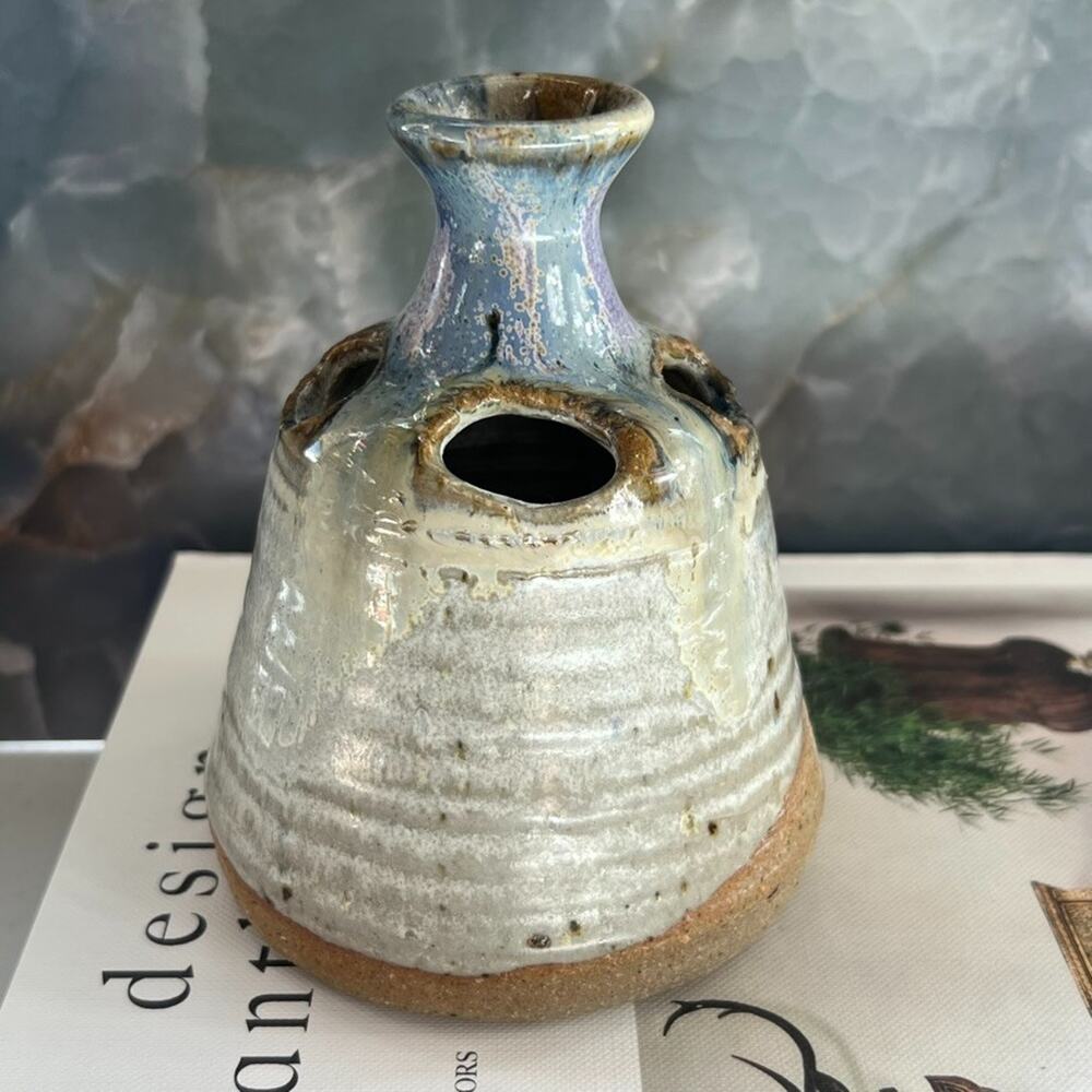 Studio Art Stoneware Vase Flower Frog 4.5 x 3.5 in Multicolor Dip Glaze Speckled